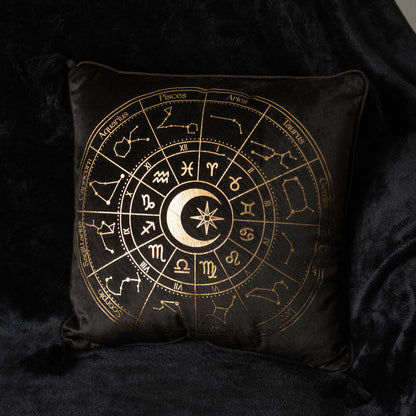 Black & Gold Astrology Wheel Tassle Cushion