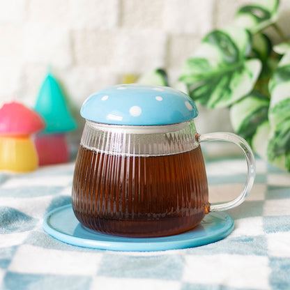 Blue Glass Magic Mushroom Mug and Saucer Set