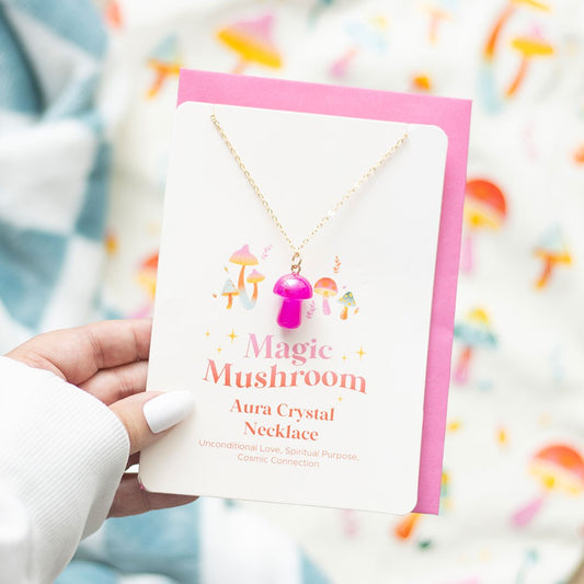 Pink Aura Crystal Mushroom Necklace Greeting Card