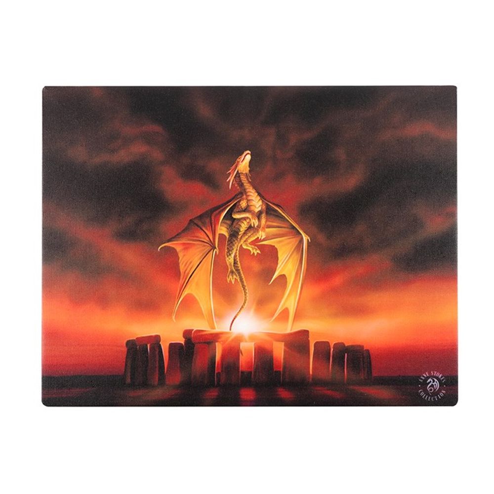 Add a burst of mystical Solstice energy to your dwelling with this 25x19cm canvas wall plaque featuring a high quality, full colour print of artwork by fantasy artist Anne Stokes.

Emboldened by the ancient power of Stone Henge, a magestic yellow dragon emerges towards the sky, lit by a firey sunrise.
Created by Anne Stokes and offically licensed for sale at Mrs Reed's Emporium.