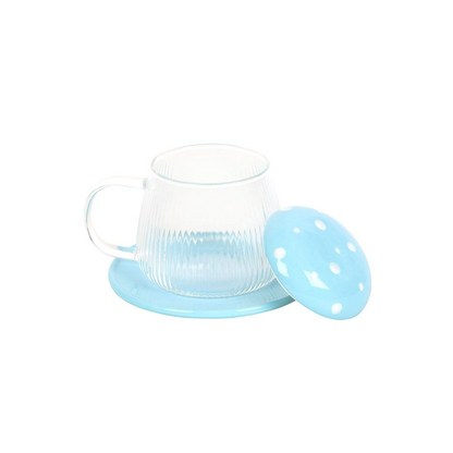 Blue Glass Magic Mushroom Mug and Saucer Set