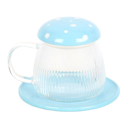 Blue Glass Magic Mushroom Mug and Saucer Set