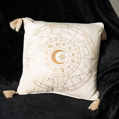 Cream & Gold Astrology Wheel Tassle Cushion