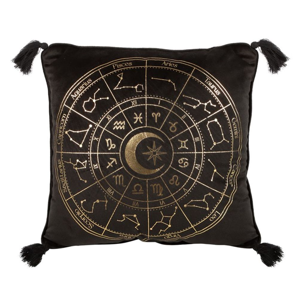 Black & Gold Astrology Wheel Tassle Cushion