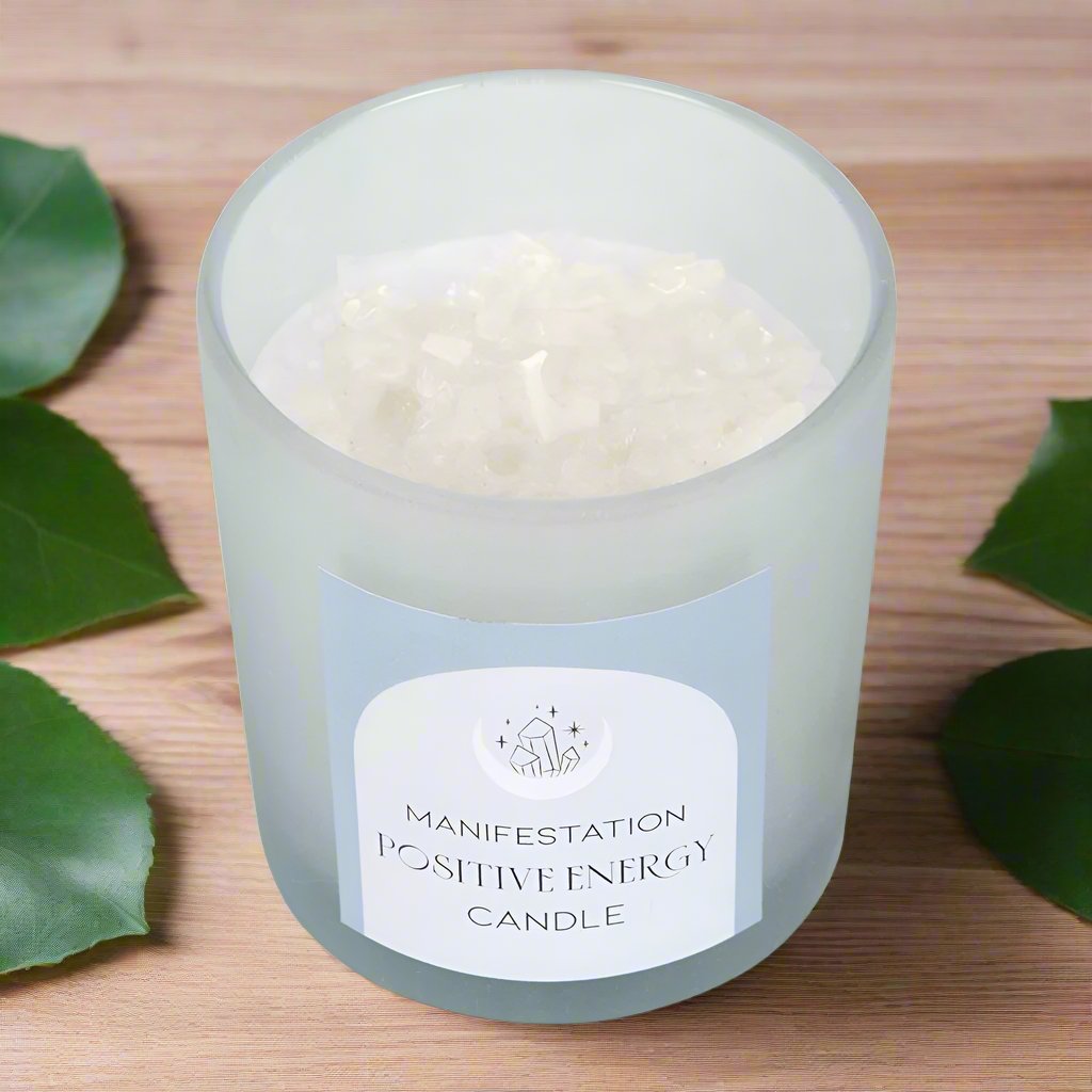 Positive Energy Candle with White Sage and Clear Quartz Crystal Infusion