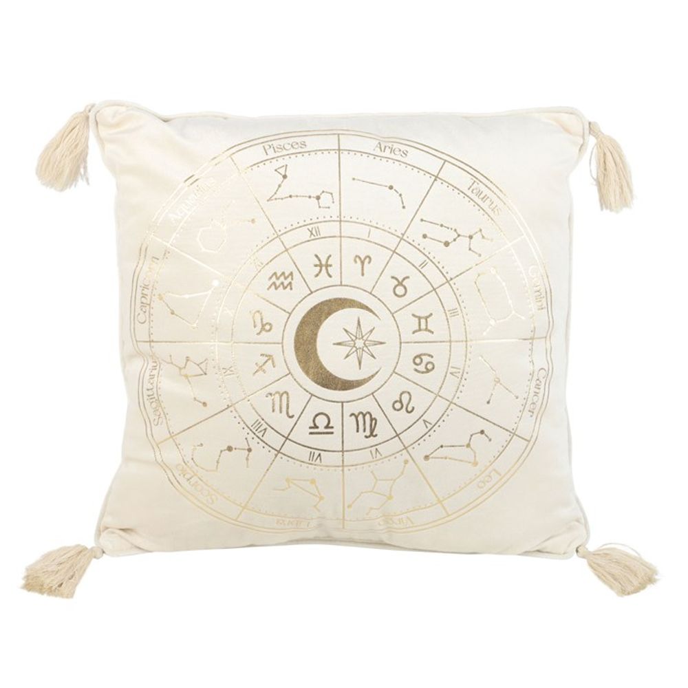 Cream & Gold Astrology Wheel Tassle Cushion