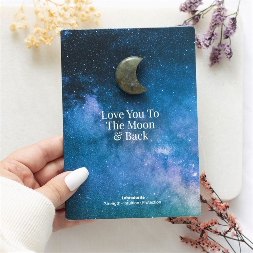 'Moon & Back' Labradorite Crystal Moon Greeting Card