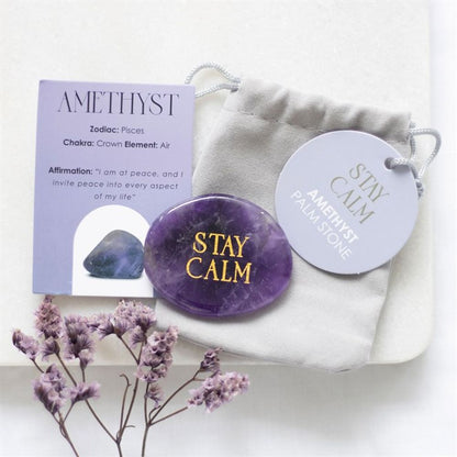 'Stay Calm' Amethyst Crystal Palm Stone